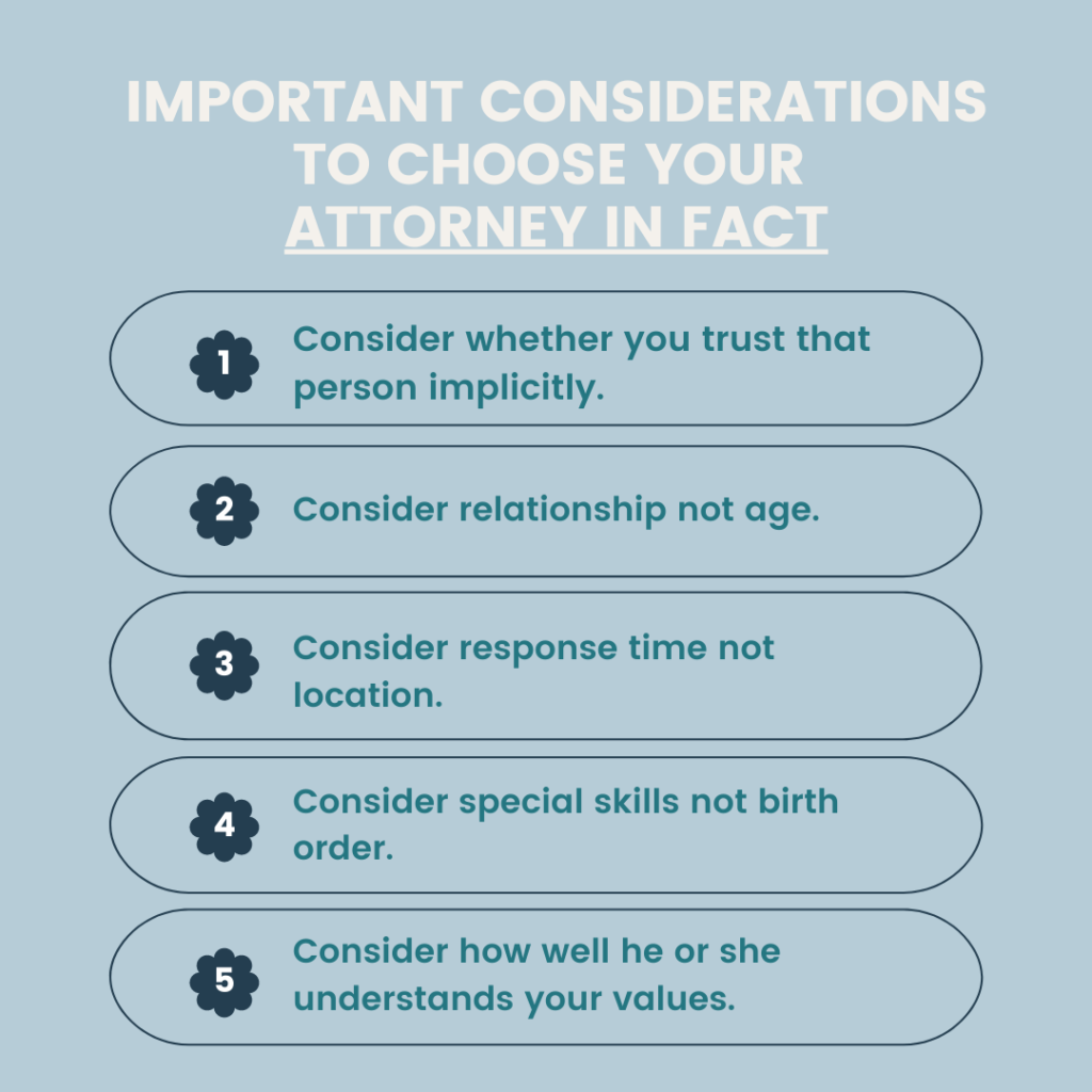 Considerations for choosing an attorney in fact.